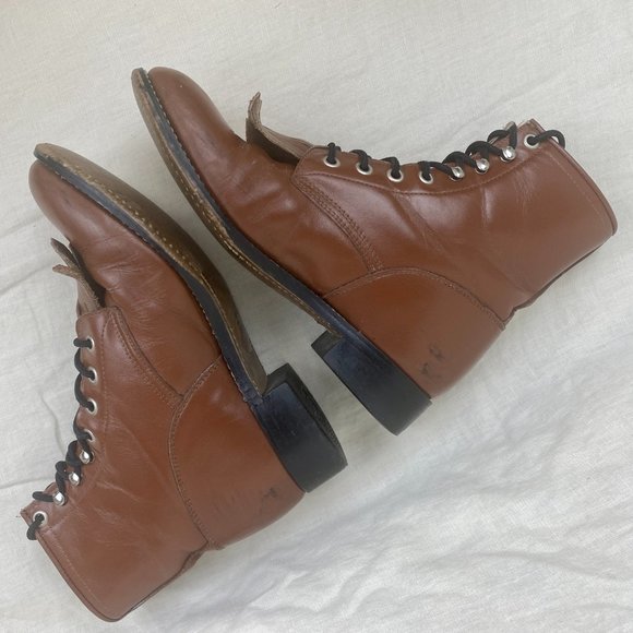 Vintage 1980s Justin Leather Brown Lace Up Roper Western Cowboy Kiltie Boots - Picture 3 of 16